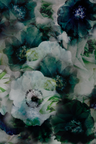 Abstract floral artwork featuring layered translucent flowers in deep teal, blue-green, white, and gray tones with dark centers.