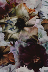 Abstract floral artwork featuring layered overlapping flowers in muted tones of purple, white, brown, and dark plum, with soft blended petals and dark centers.