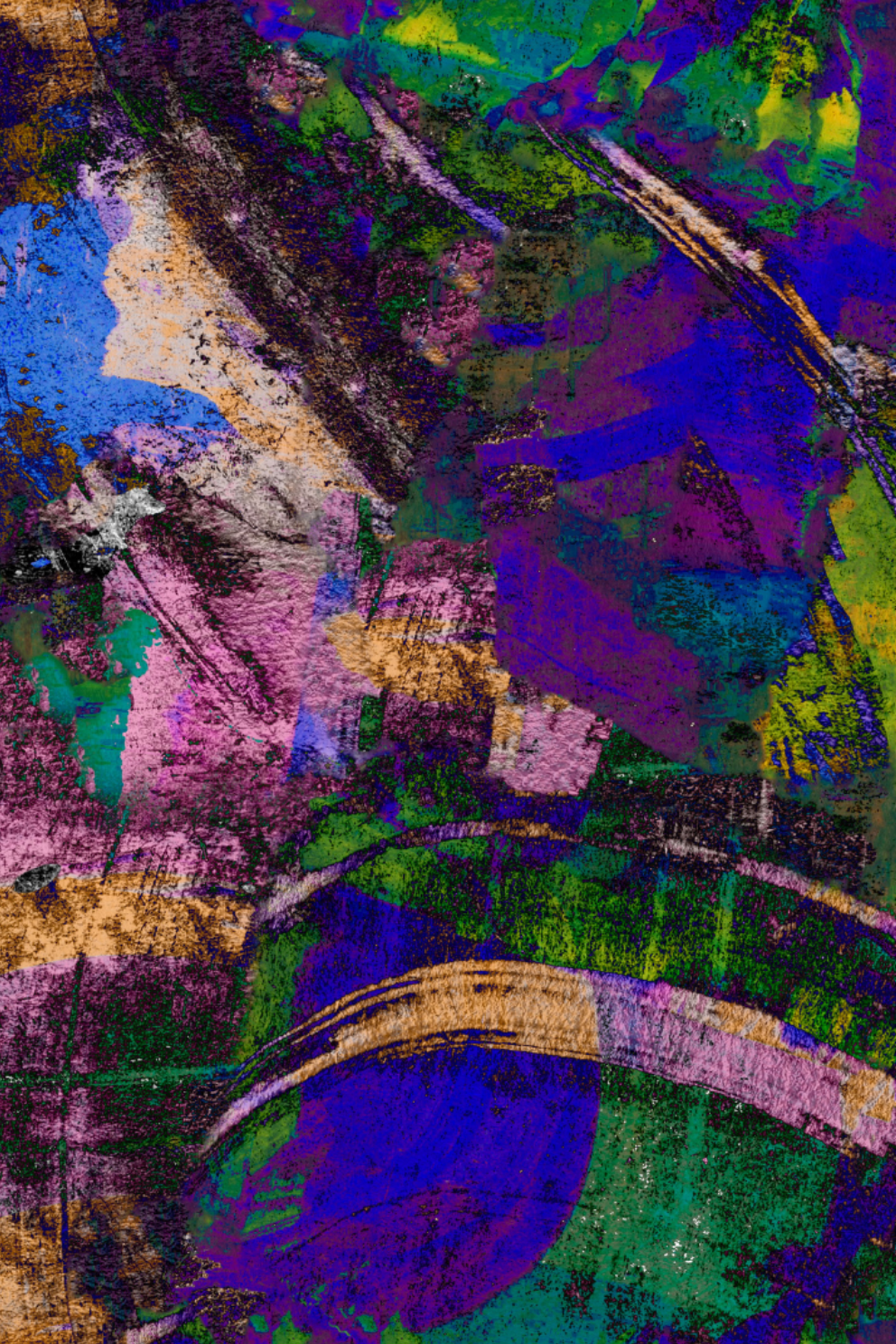 Abstract textured print on fabric, with expressive brushstrokes in deep purple, green, blue, pink, and gold tones.