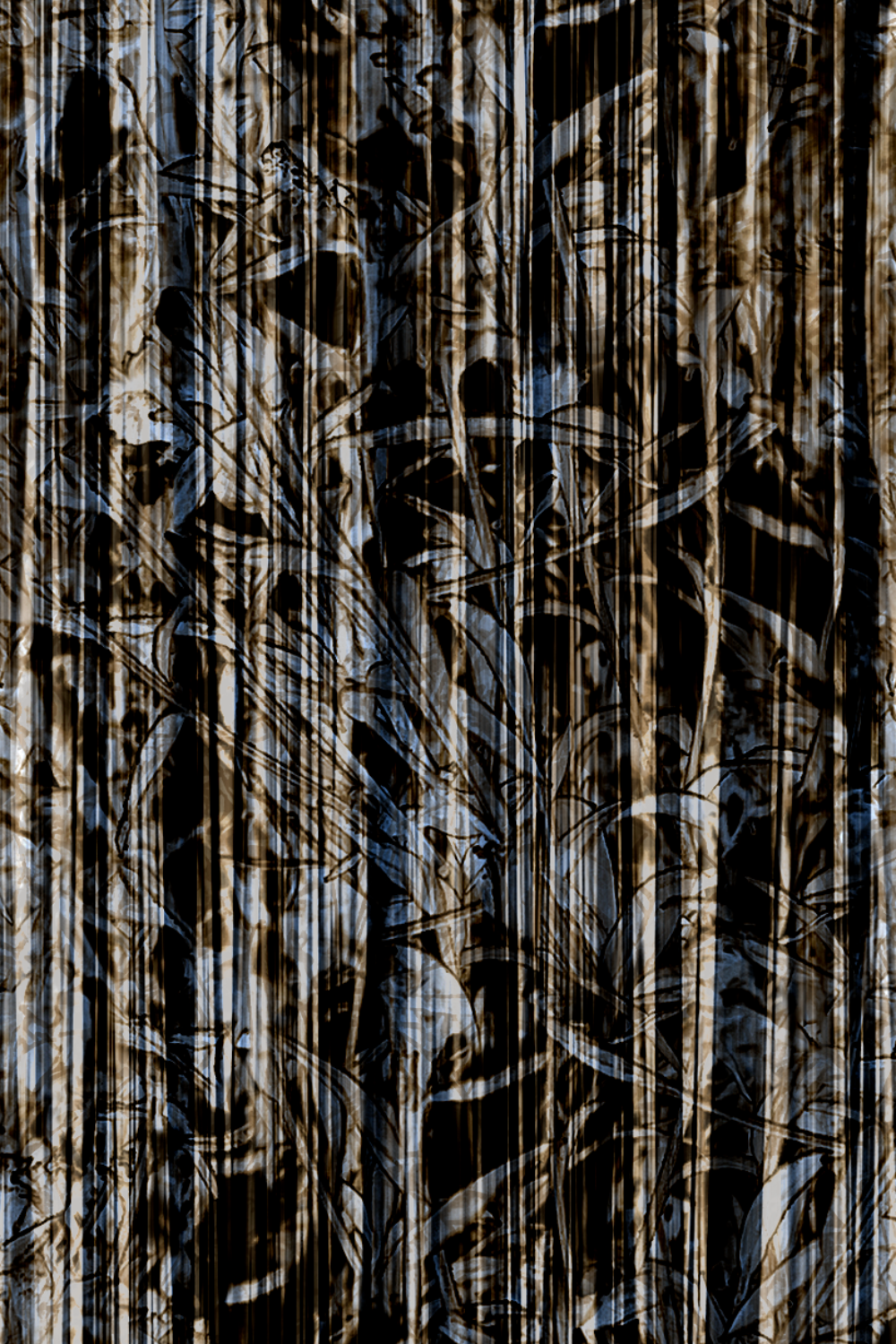Abstract vertical pattern with layered reeds or grass-like silhouettes in black, brown, beige, and off-white, filling the full frame.