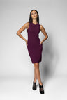 A woman modeling a sleeveless, bodycon mini dress in deep plum purple, paired with black high heels, against a light gray studio background.