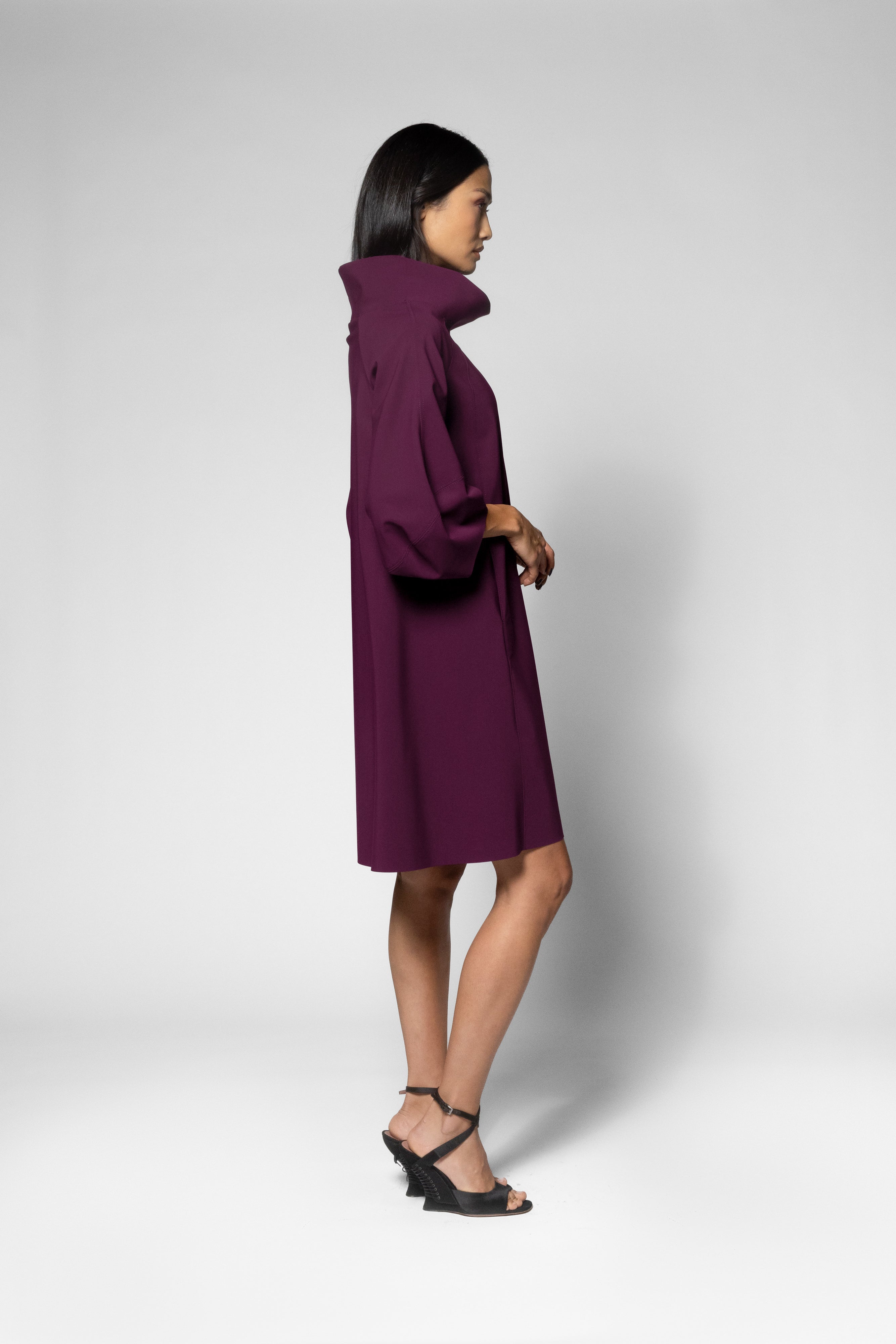 A woman modeling a long-sleeved, high-neck, knee-length dress in deep plum purple, shown from a side profile against a light gray studio background.